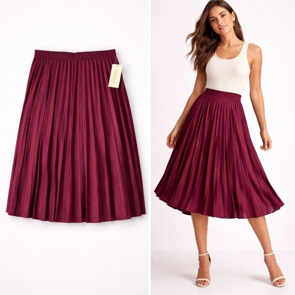 NWT John Paul Richard Pleated Midi suede elastic waist women’s Skirt in Plum